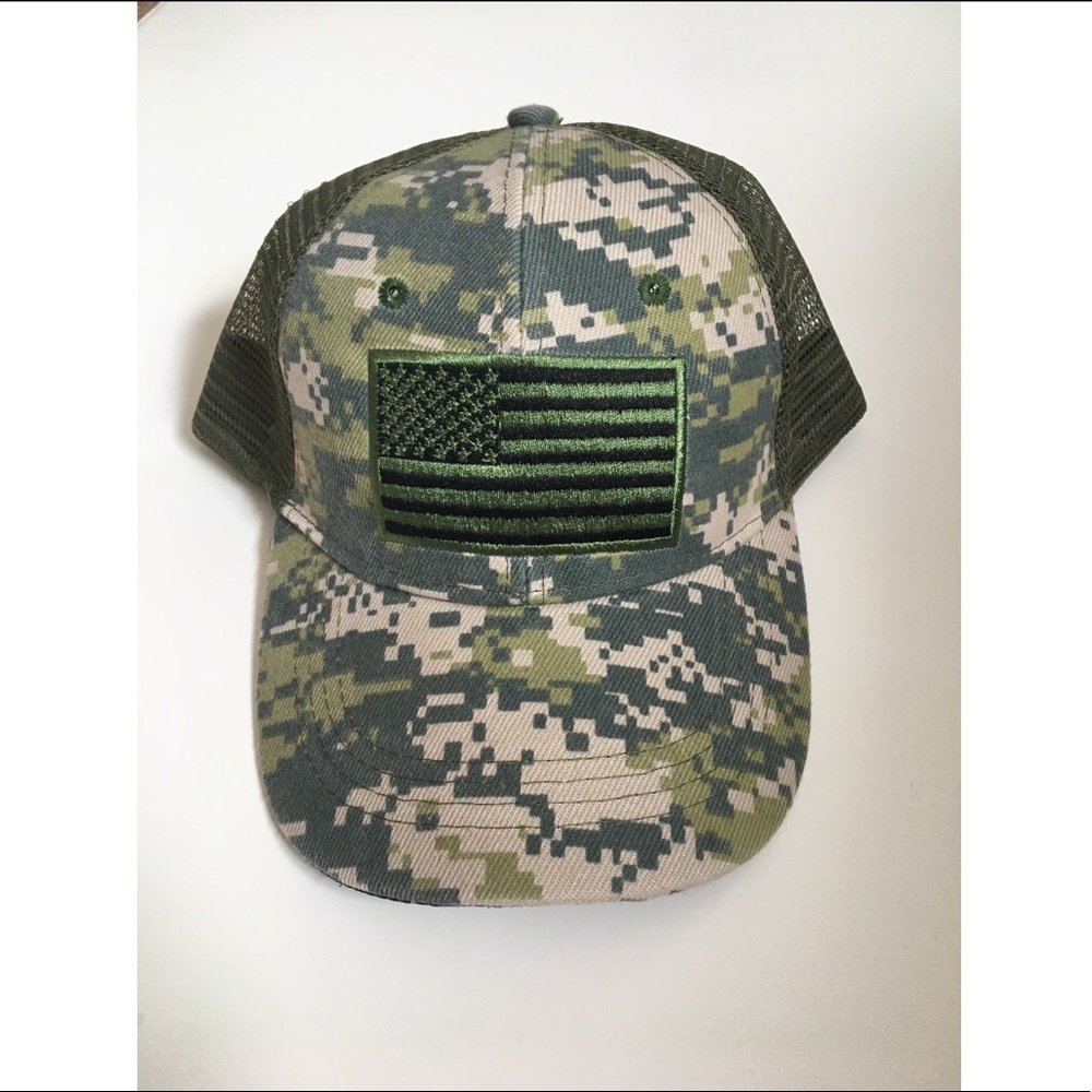 Green Camo Trucker Hat with Olive Flag Patch